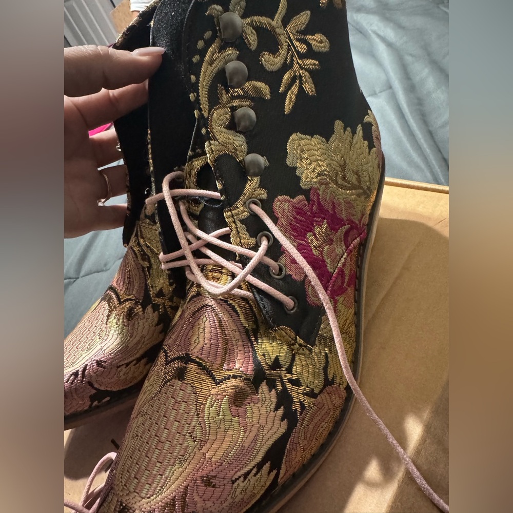 Embroidered Floral Ankle Boots in Black and Pink - Picture 2 of 4